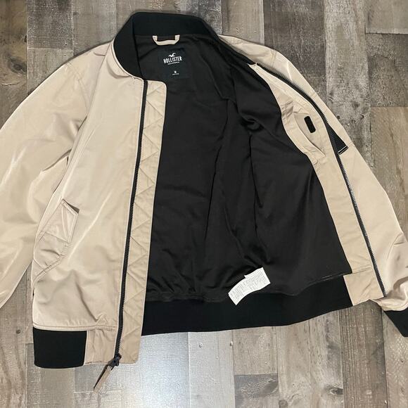 Hollister Classic Bomber Jacket Water Resistant Tan Black Zip Front Men’s sz M - Picture 11 of 16